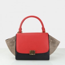 Bolso Celine Small Trapeze de ante rojo, negro y caqui.