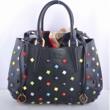 Bolso grande Fendi B Fab de piel negra con detalles de joyas multicolores y asa superior.