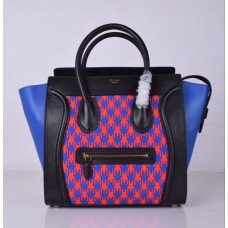 Bolso grande Celine Luggage Tote negro y azul con estampado de pata de gallo.